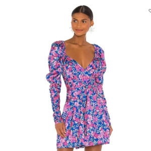 For Love & Lemons Puff Sleeve Open Back Annie Mini Dress Blue Pink Floral Sz S